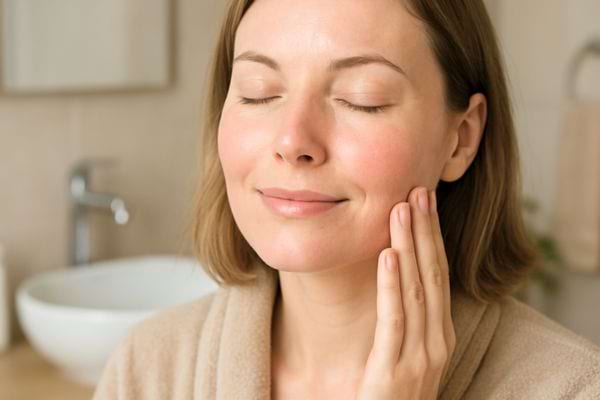 une femme touche sa joue en souriant les yeux fermes pour montrer une peau douce et bien hydratee
